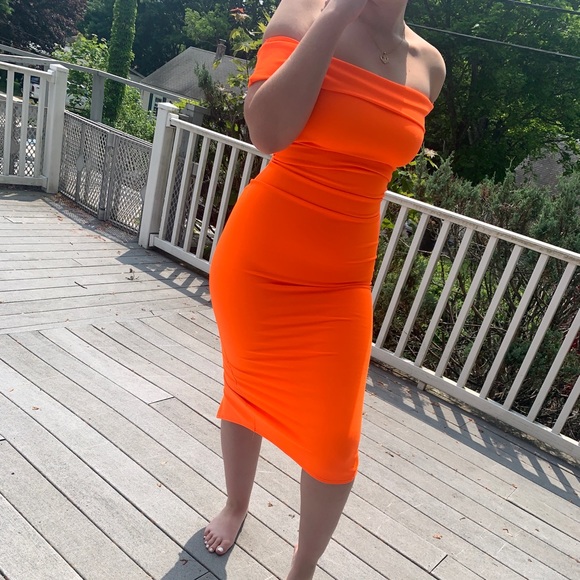 neon orange midi dress